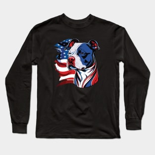 American Pitbull with US stars and stripes Flag Illustration Long Sleeve T-Shirt